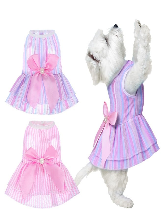 Telooco 2 Pcs Small Dog Dresses, Vertical Stripes with Bows Dog Outfits for Small Dogs Girl, Pet Dresses for Chihuahua Yorkshire Terrier Puppies and Cats (Pink, Purple,M) - Image 1